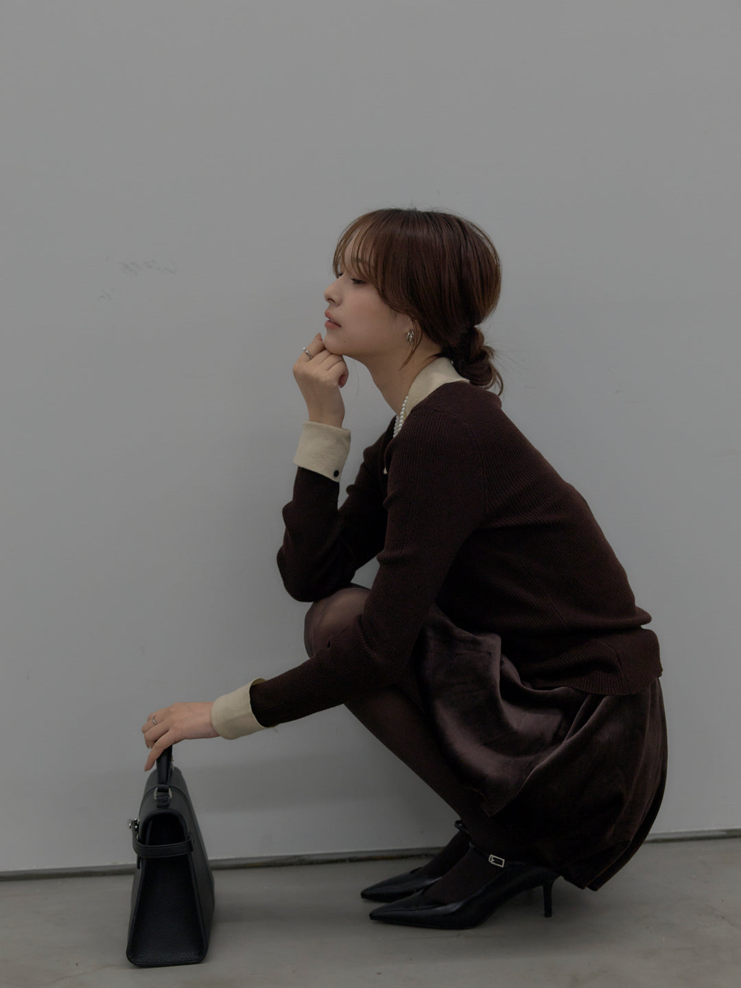 【SET】配色カフスニットポロ+ベロアバルーンミニスカート(インパン付き)(2set)