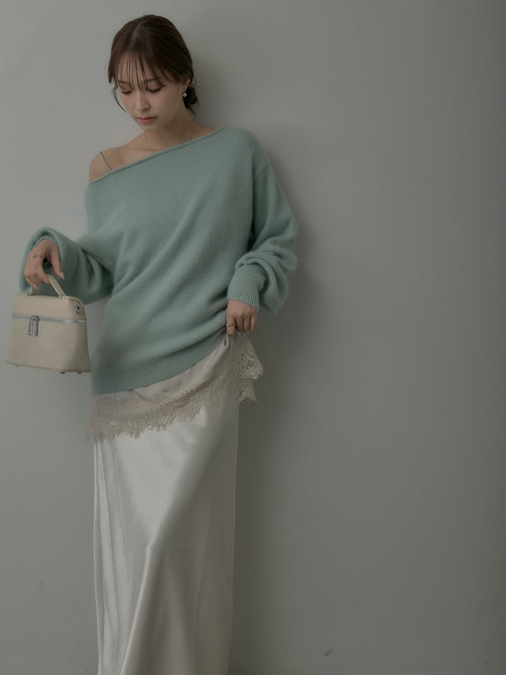 【SET】【premium touch】2wayショルダーニットプルオーバー+レースサテンキャミソール+ナローAラインサテンスカート(3set)