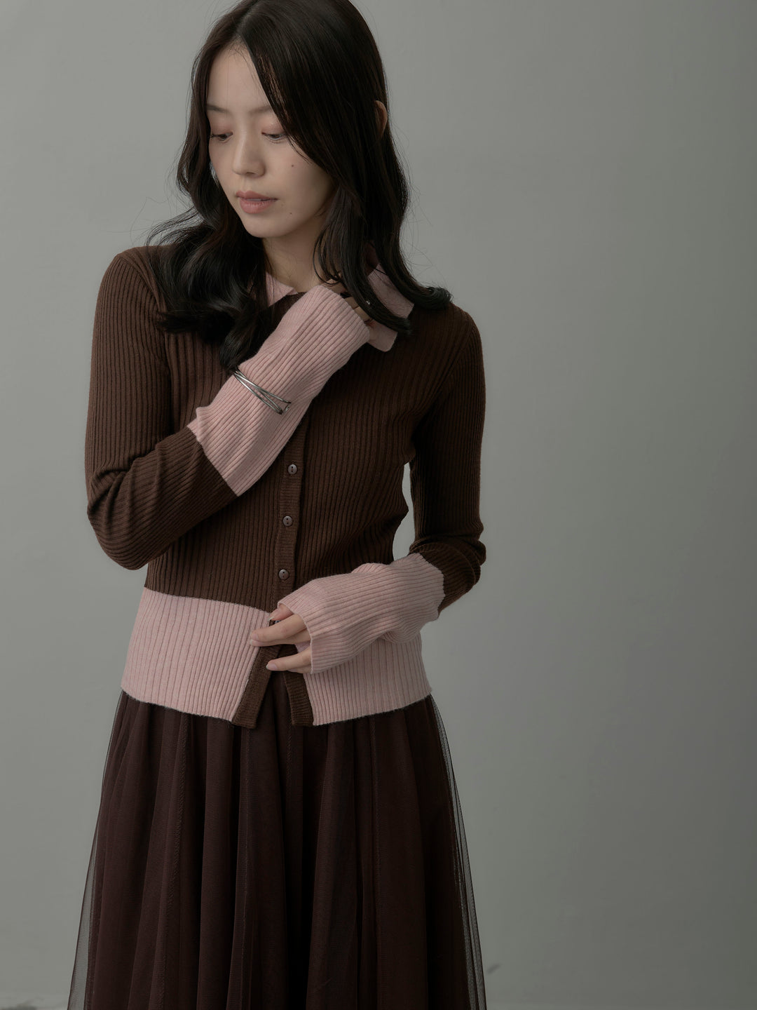 【SET】バイカラーリブニットポロトップス+ボリュームチュールスカート(2set)