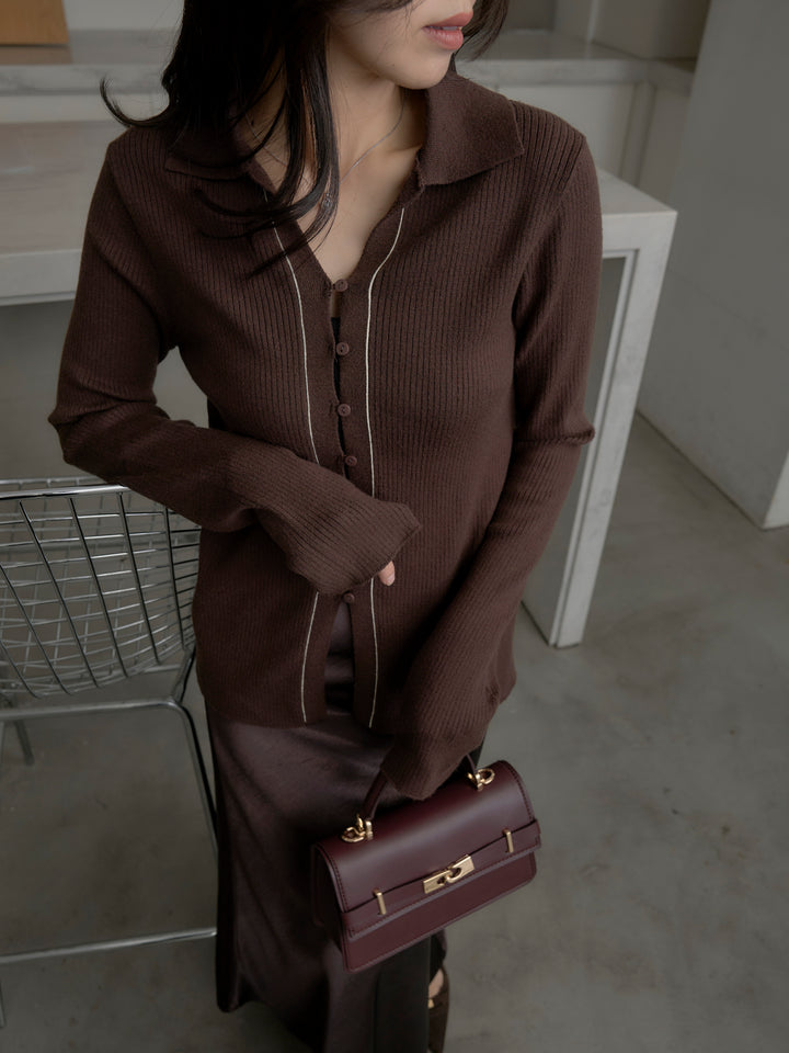 リブ配色ラインポロニットカーディガン