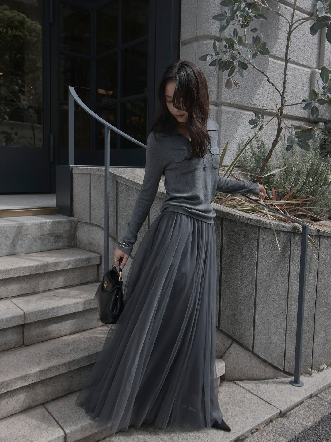 【SET】ポケットデザインリブニットトップス+ボリュームチュールスカート(2set)