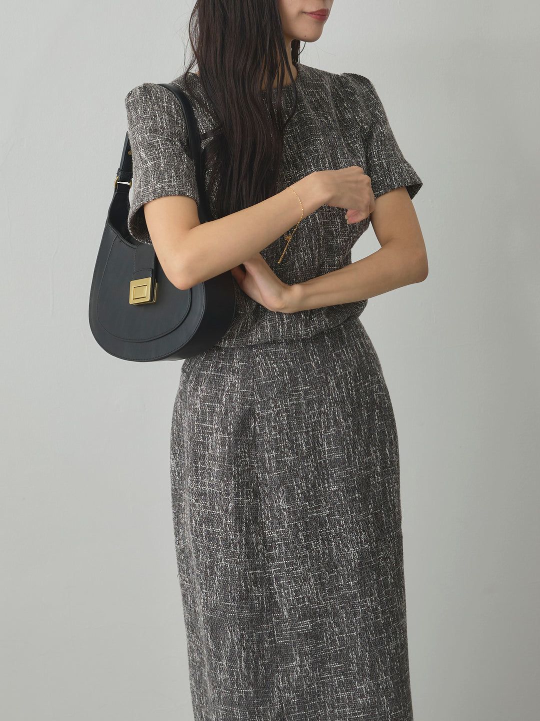 【SET】【Essential】ツイードハーフスリーブトップス+【Essential】ツイードペンシルスカート(2set)