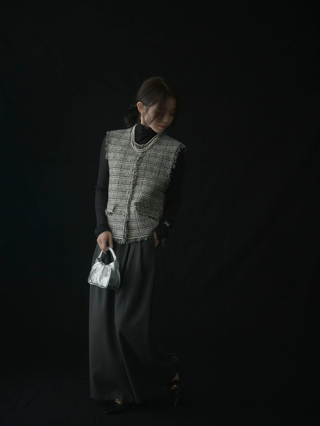 【ロープベルト付属】ウールタッチワイドパンツ