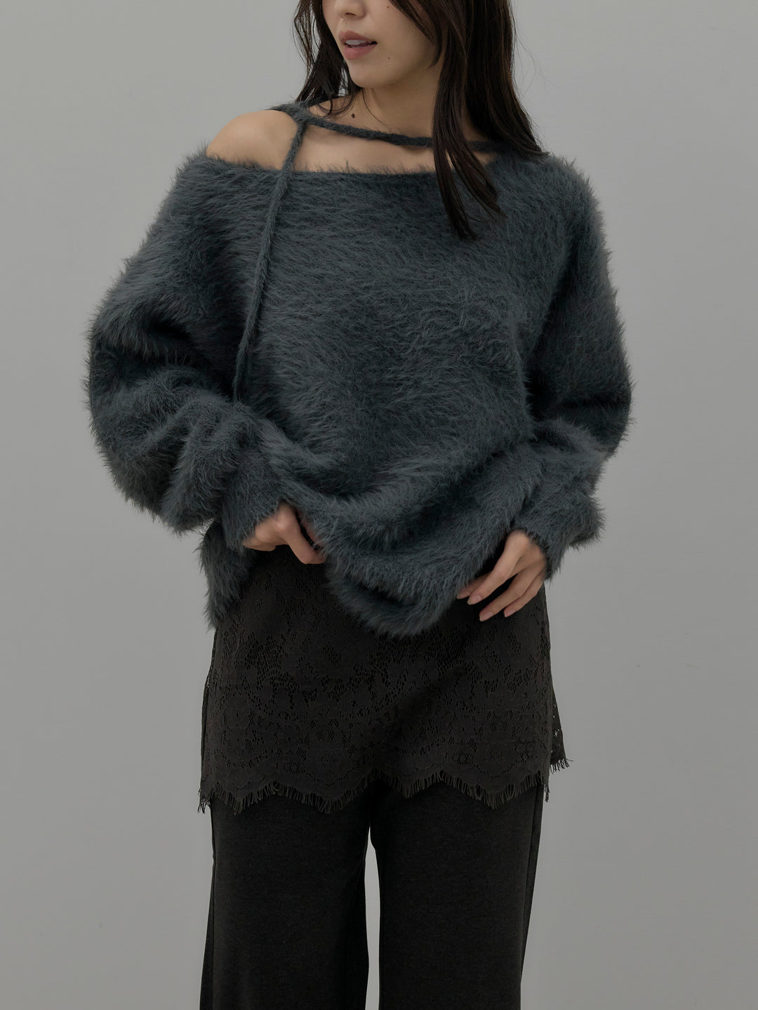 【SET】ネックリボンワンショルダーシャギーニット+レースレイヤードセミフレアパンツ(2set)