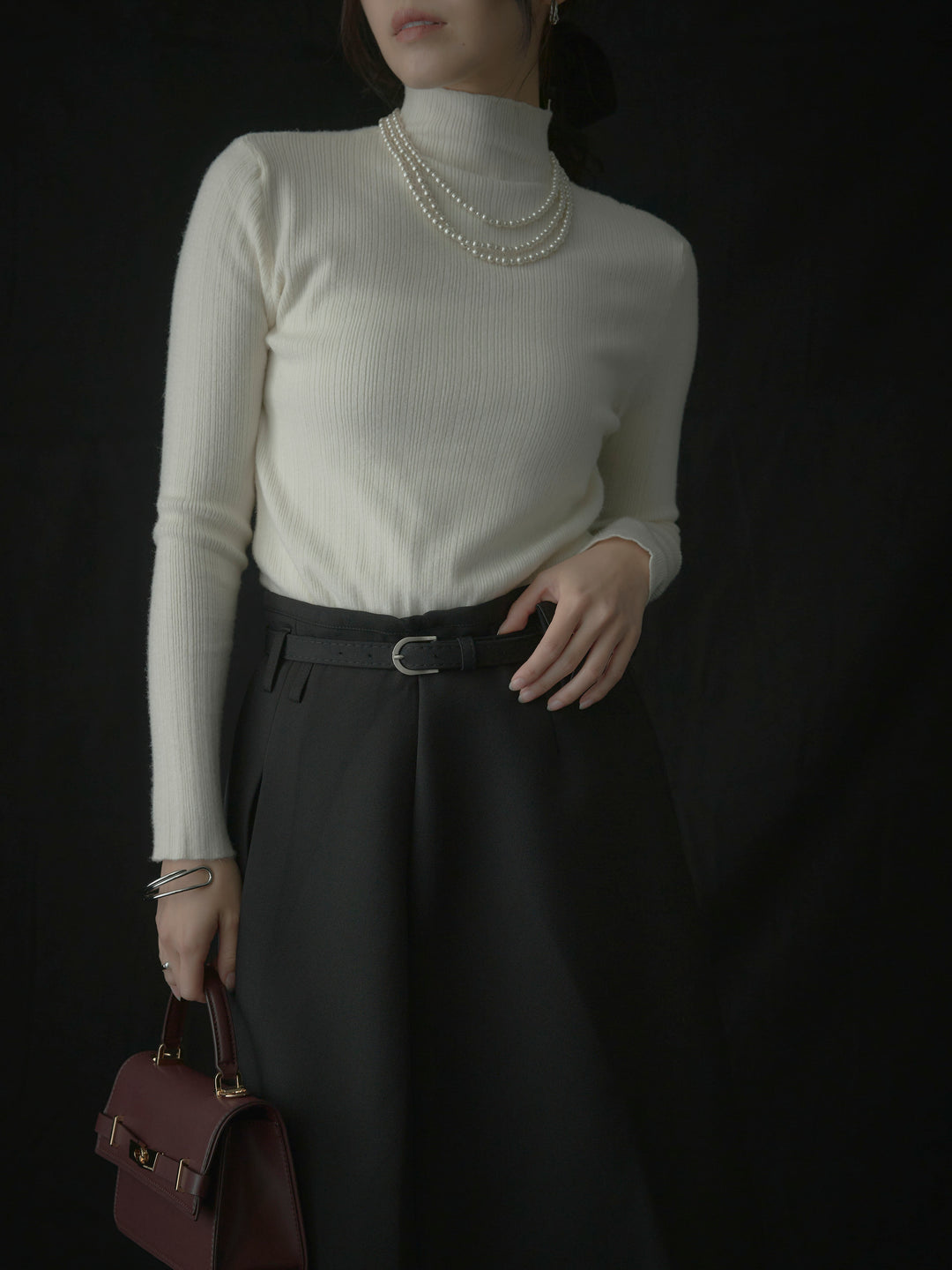 【SET】リブニットタートルネック+ウエストポーチ付きミディスカート(2set)