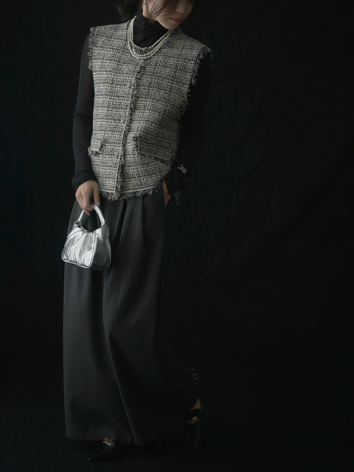 【SET】ツイードフリンジベスト+メロウフリルシアートップス+【ロープベルト付属】ウールタッチワイドパンツ(3set)