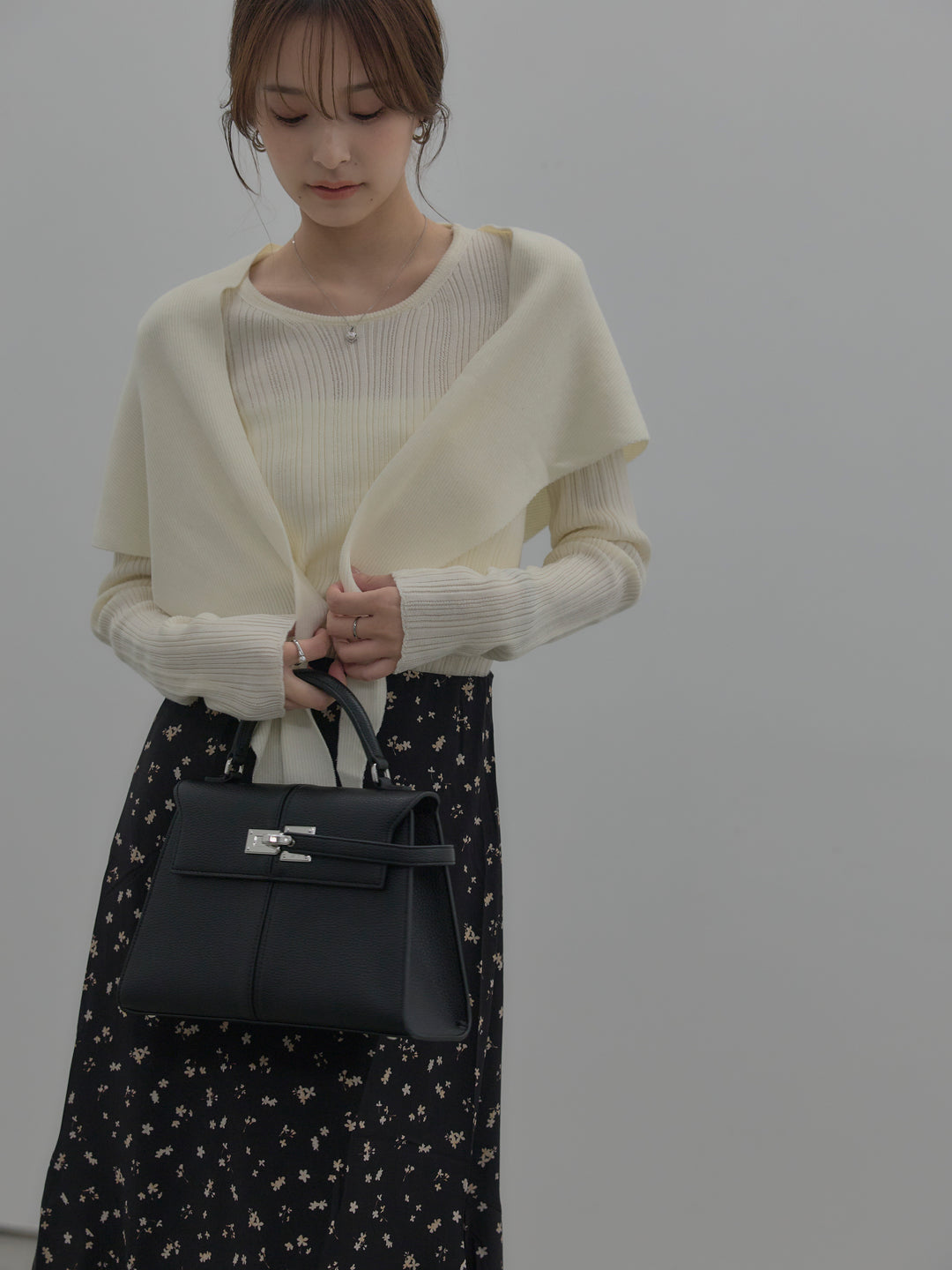 ニットスカーフ付きリブニットトップス