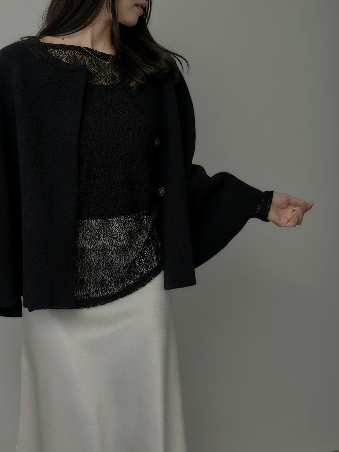 【SET】マフラー付き2WAYケープコート+【インナー付き】シアーレーストップス+ヘビーサテンAラインスカート(3set)