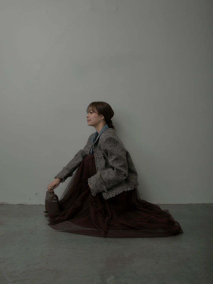 【SET】デニムドッキングオーバーサイズツイードジャケット+ボリュームチュールスカート(2set)