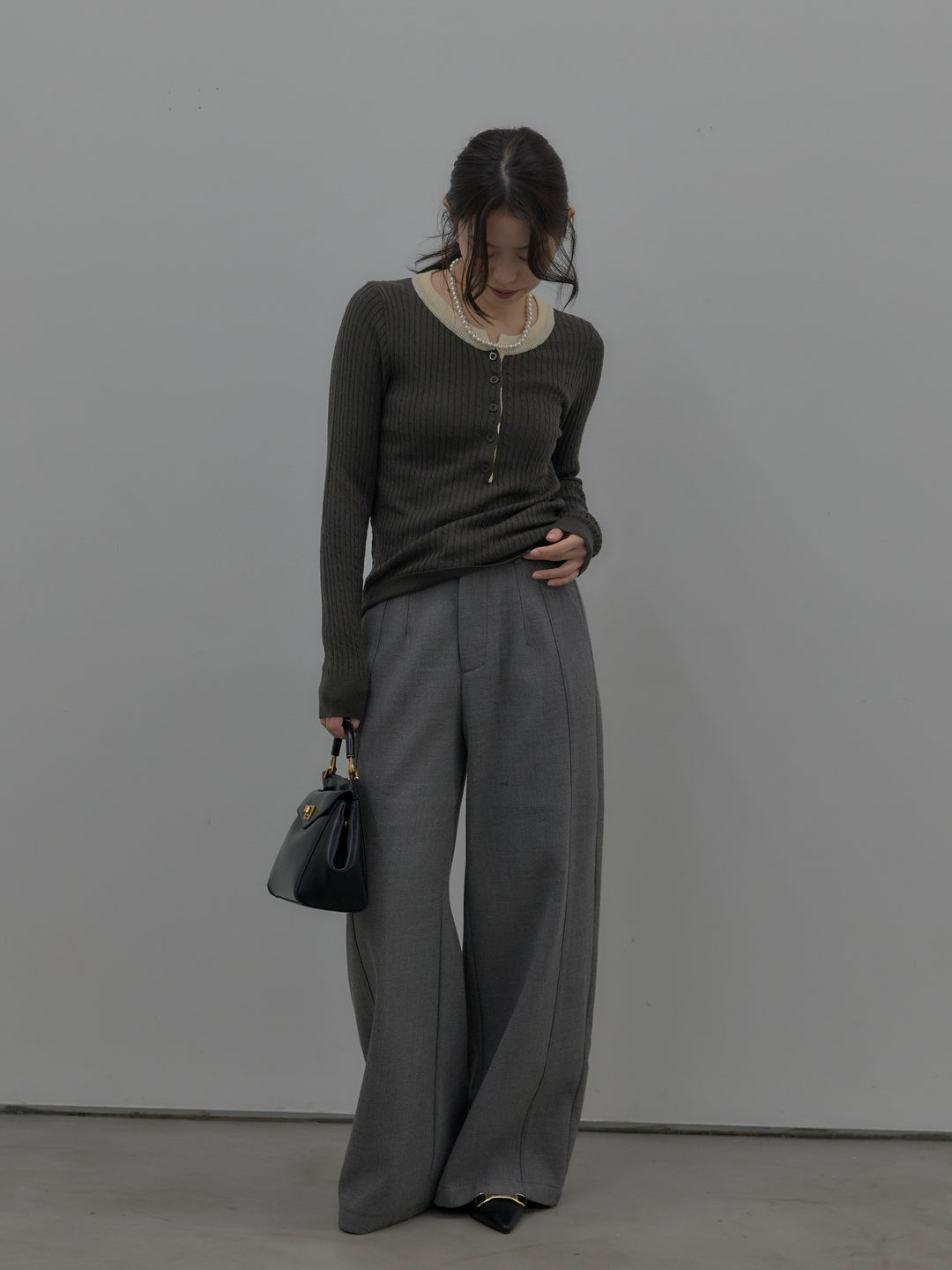 【SET】配色ケーブル編みニットトップス+裏起毛デザインワイドパンツ(2set)