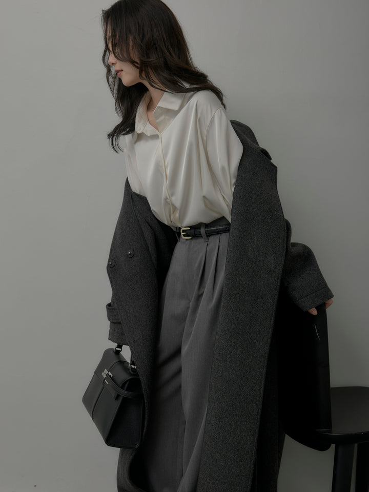 【SET】【Essential】ソフトウールリバートレンチコート+ケープ付きオーバーサテンシャツ+【Essential】３タックスラックス(3set)