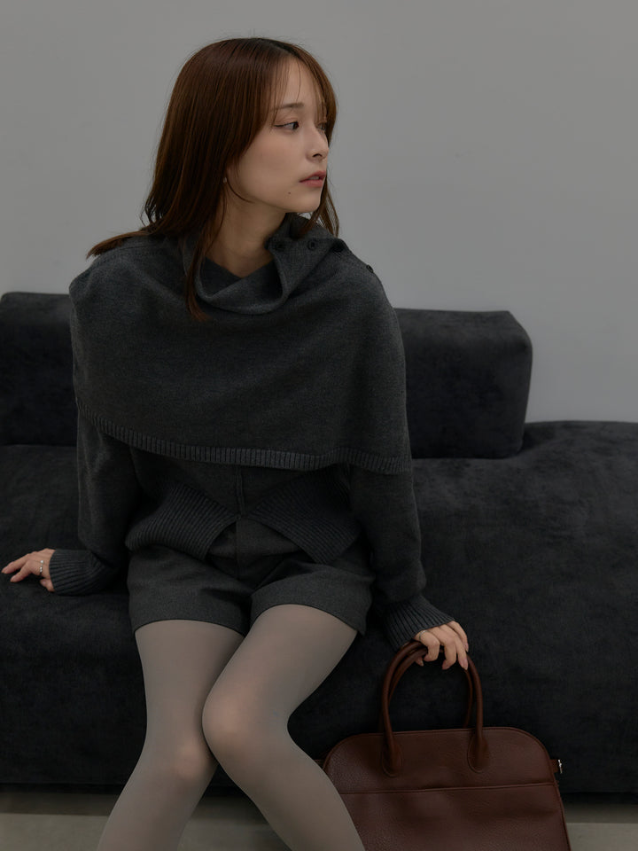 【SET】ケープ付き2WAYフロントスリットニットトップス+ウールタッチミニショートパンツ(2set)