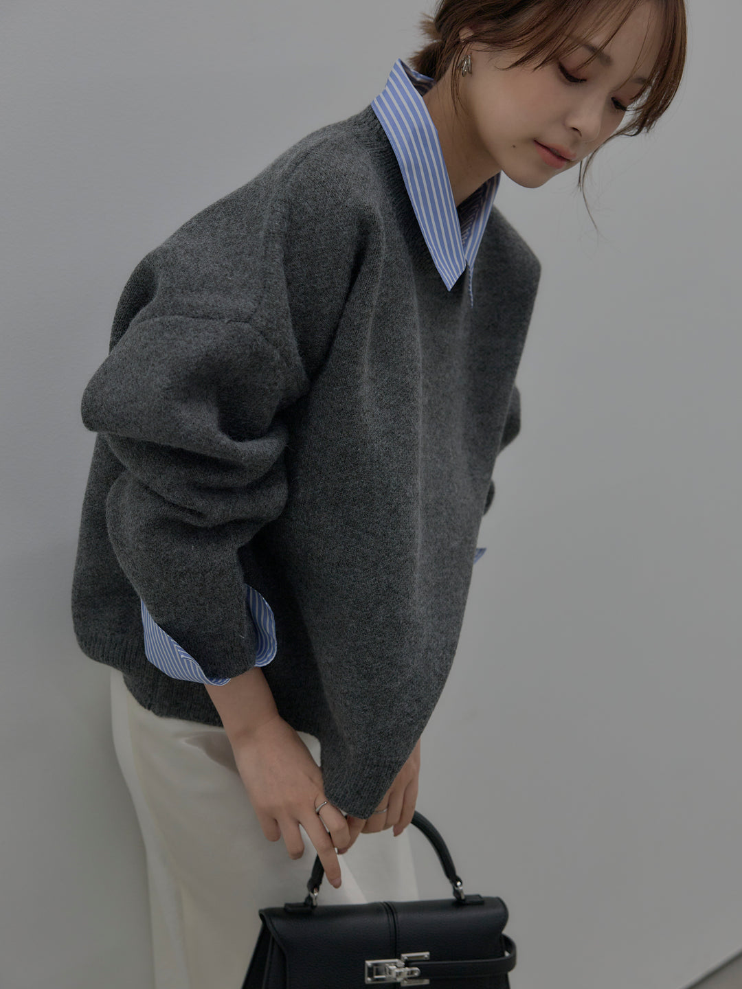 【SET】シャツドッキング肉厚ニットプルオーバー+ナローAラインサテンスカート(2set)