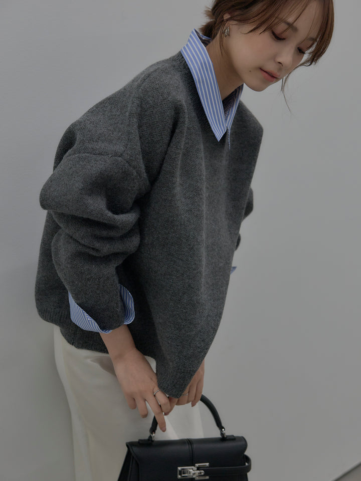 【SET】シャツドッキング肉厚ニットプルオーバー+ナローAラインサテンスカート(2set)