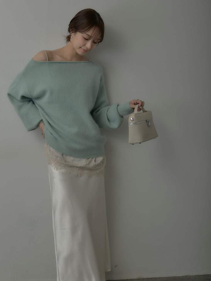 【SET】【premium touch】2wayショルダーニットプルオーバー+レースサテンキャミソール+ナローAラインサテンスカート(3set)