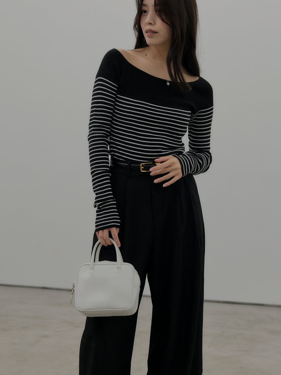 【SET】ハーフボーダーニットトップス+デザインタックワイドパンツ(2set)