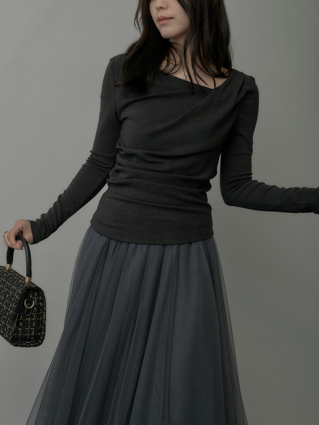 【SET】ドレープデザイントップス+ボリュームチュールスカート(2set)