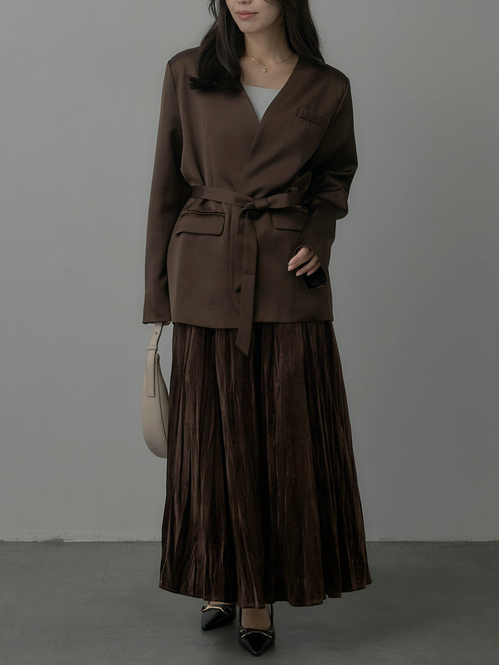 【SET】ノーカラーサテンジャケット+ベロアワッシャープリーツスカート(2set)
