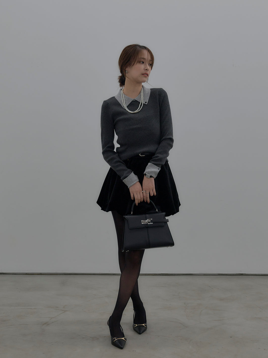 【SET】配色カフスニットポロ+ベロアバルーンミニスカート(インパン付き)(2set)