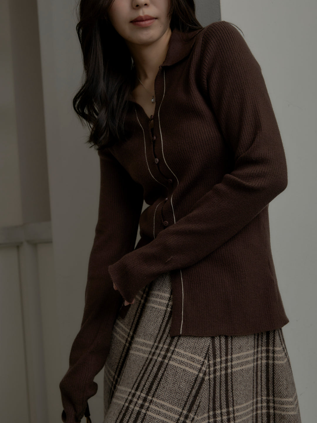 【SET】リブ配色ラインポロニットカーディガン+【Essential】クラシカルチェックウールタッチスカート(2set)