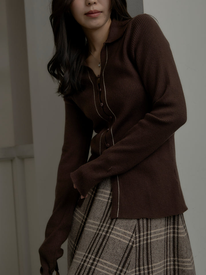 【SET】リブ配色ラインポロニットカーディガン+【Essential】クラシカルチェックウールタッチスカート(2set)