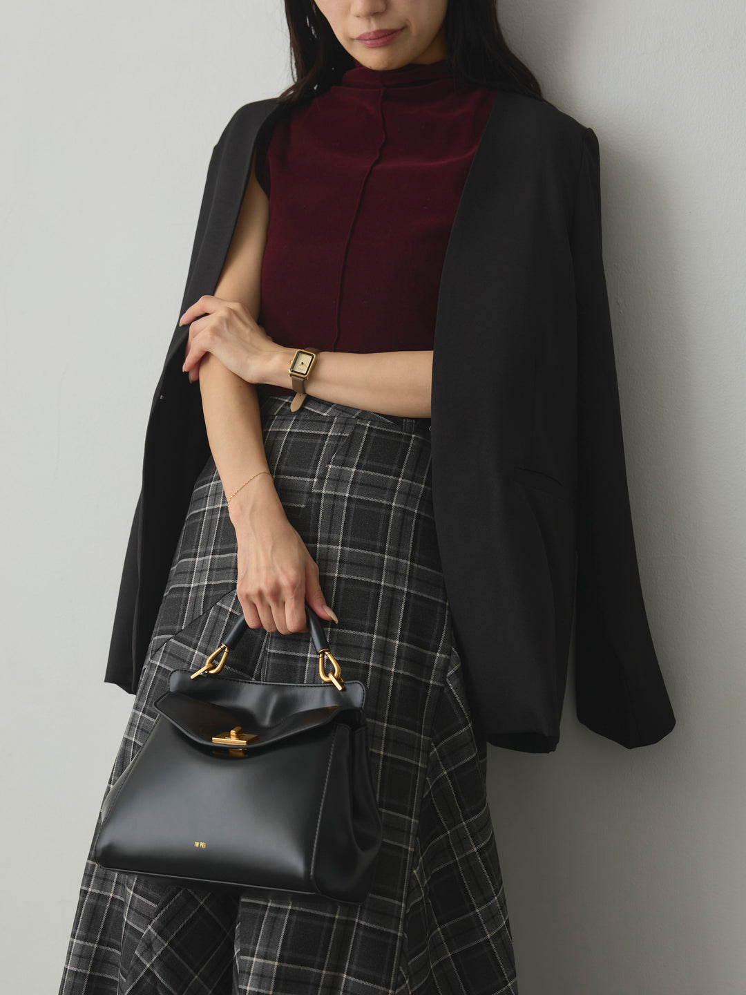 【SET】【Essential】フロントホックノーカラージャケット+クラシカルチェックパネルスカート(2set)