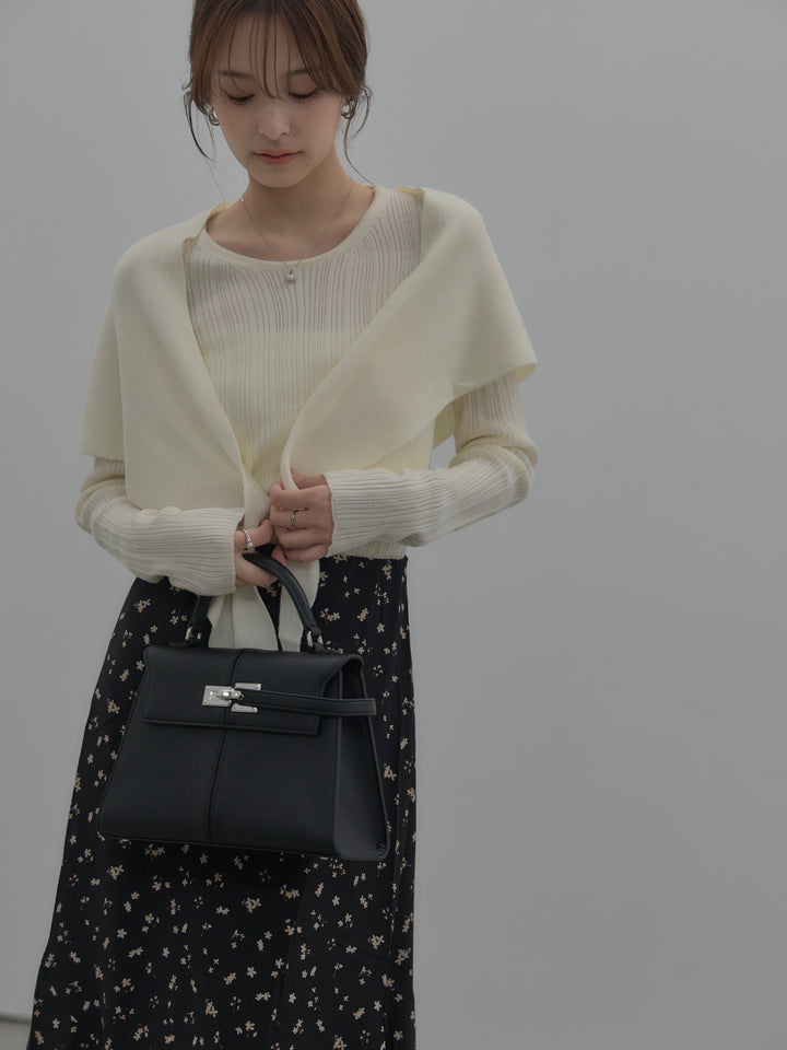 【SET】ニットスカーフ付きリブニットトップス+フラワーパターンマーメイドフレアスカート(2set)