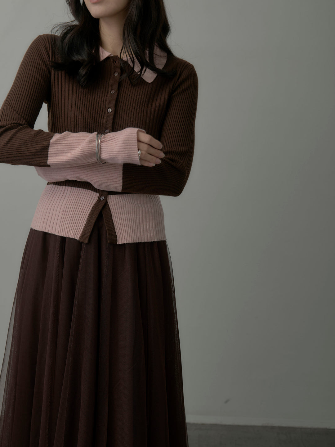 【SET】バイカラーリブニットポロトップス+ボリュームチュールスカート(2set)