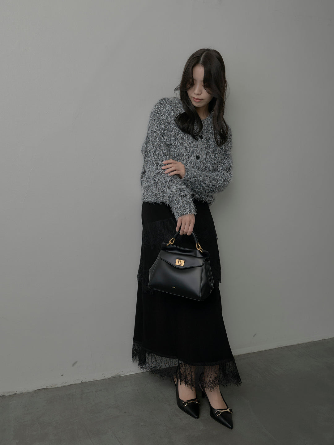 【SET】フェザーループニットカーディガン+レースデザインフレアスカート(2set)