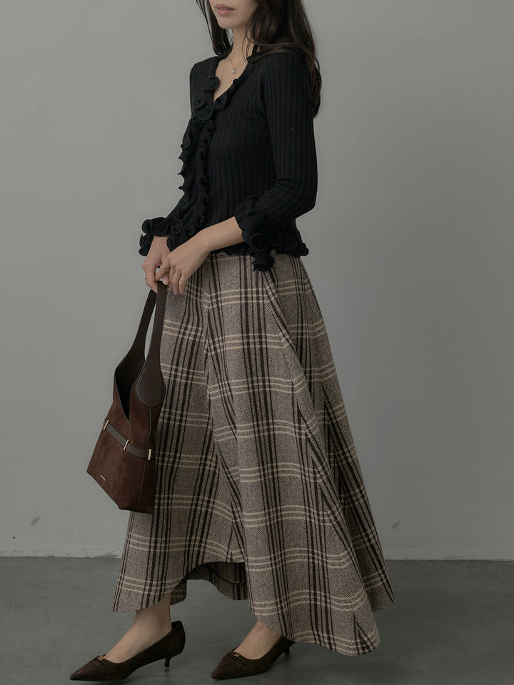 【SET】Vネックフリルデザインニットトップス+【Essential】クラシカルチェックウールタッチスカート(2set)