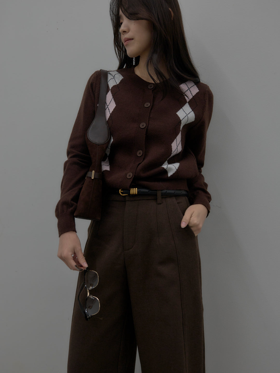 【SET】アーガイル柄ニットカーディガン+裏起毛デザインワイドパンツ(2set)