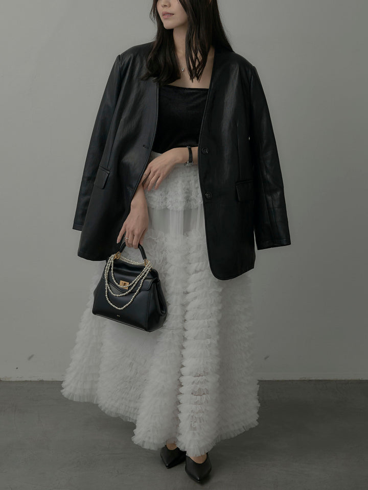 【SET】レザーノーカラージャケット+ドラマチックフリルチュールスカート(2set)