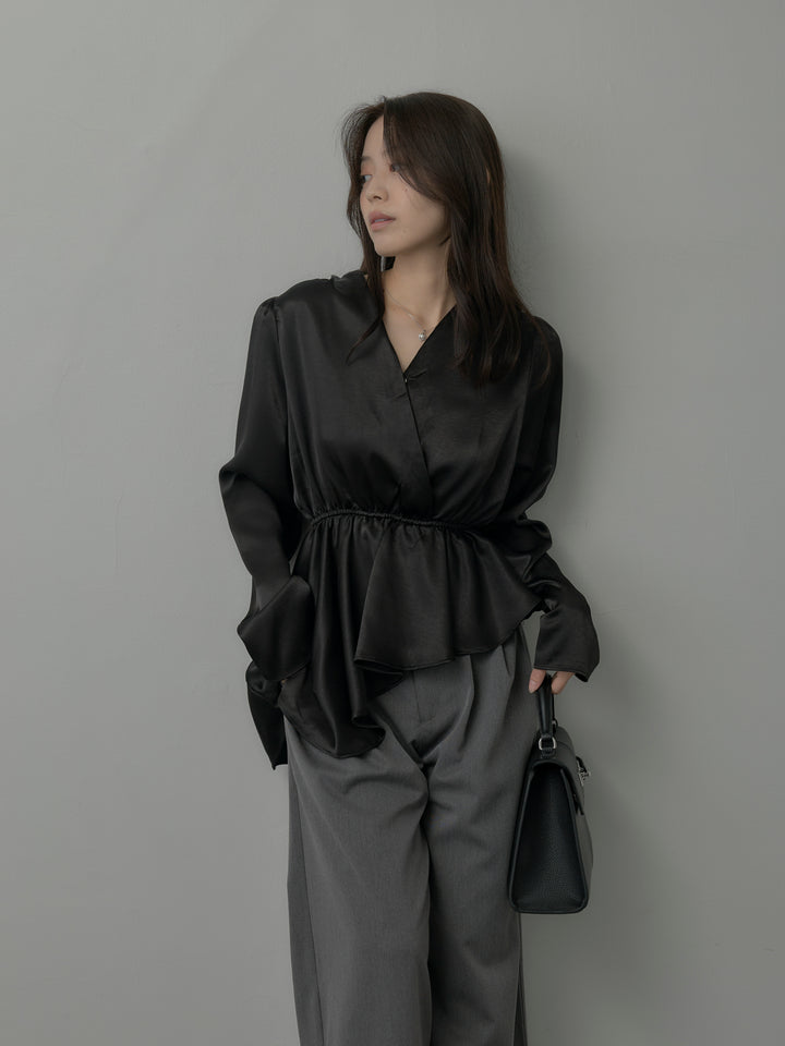 【SET】Vネックアシメサテンブラウス+【Essential】３タックスラックス(2set)