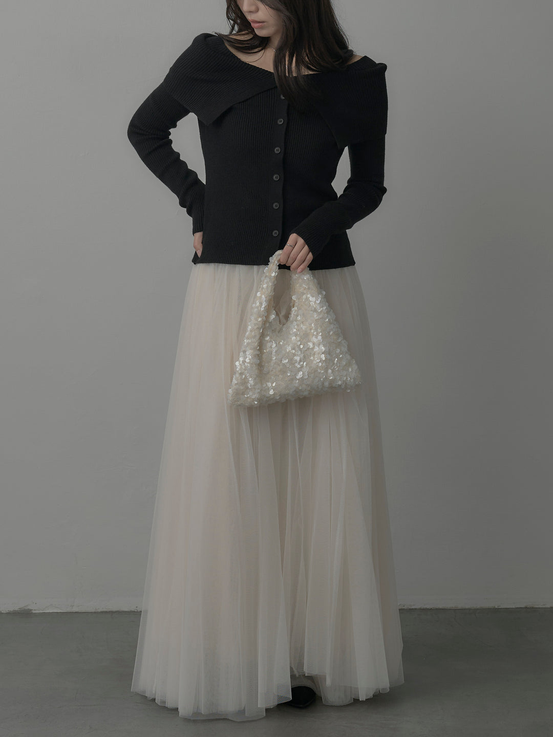 【SET】オフショルライクリブニットトップス+ボリュームチュールスカート(2set)