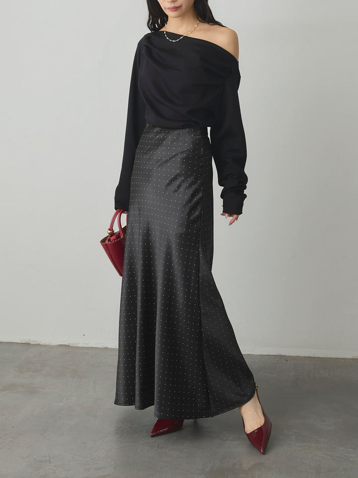 【SET】【Essential】2wayショルダードレープカットトップス+ドットサテンスカート(2set)