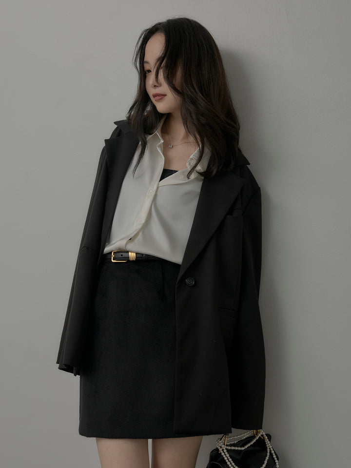 【SET】【Essential】ボックスシルエットテーラードジャケット+【Essential】ウールタッチミニスカート(2set)