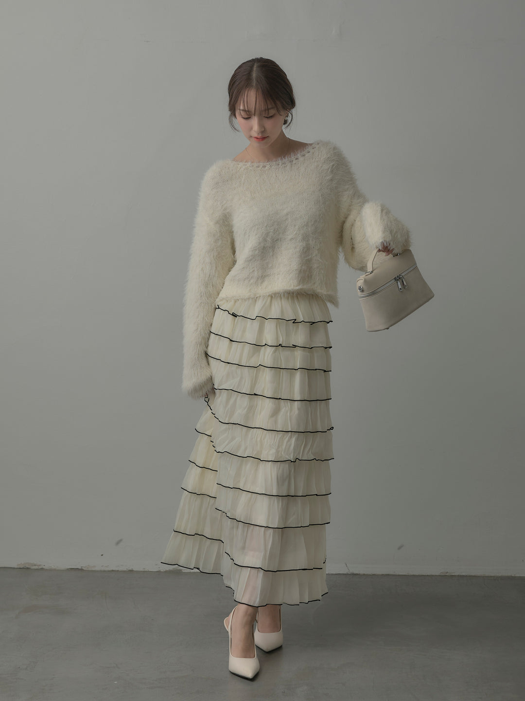 【SET】襟デザインシャギーニットトップス+バイカラーフリルチュールスカート(2set)