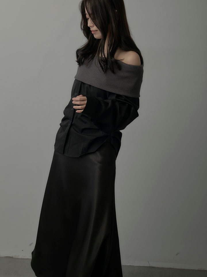 【SET】ニットシャツドッキングオフショルトップス+ヘビーサテンAラインスカート(2set)
