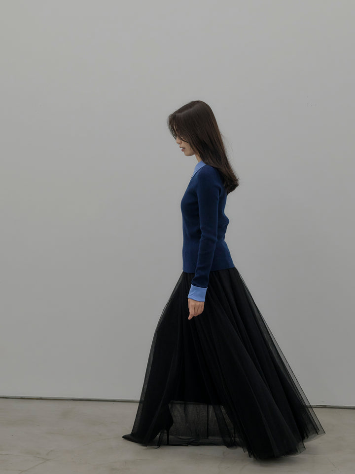 【SET】配色カフスニットポロ+ボリュームチュールスカート(2set)