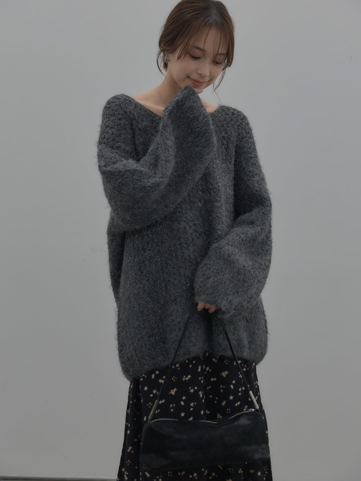 【SET】ラメ糸ローゲージ編みオーバーニットトップス+フラワーパターンマーメイドフレアスカート(2set)