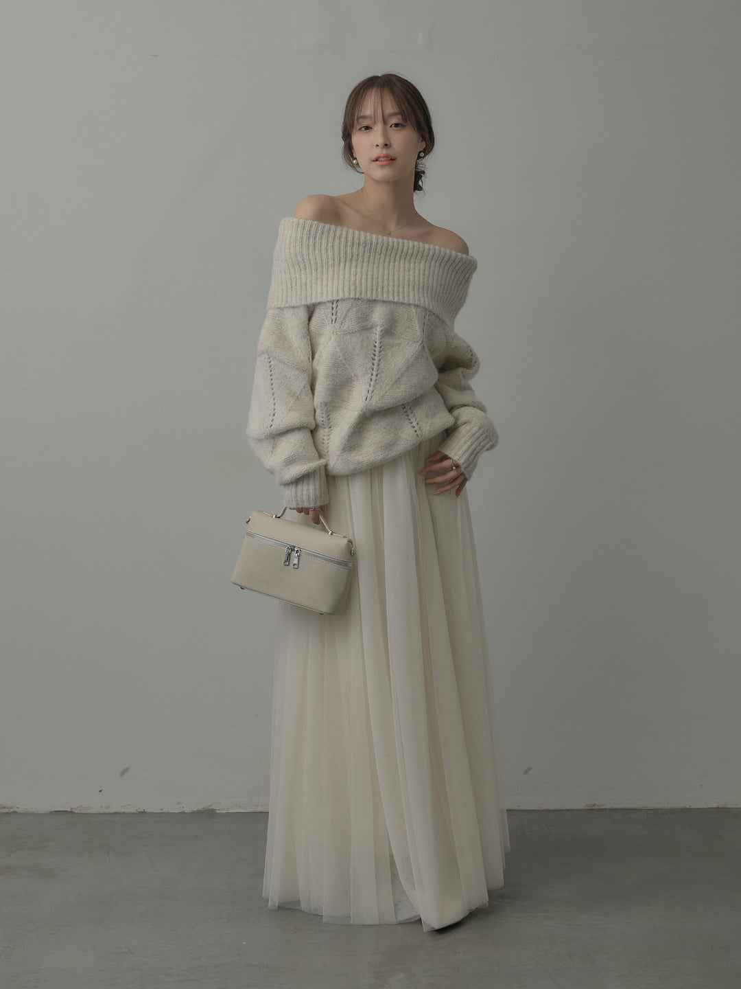 【SET】メランジニットオフショルトップス+ボリュームチュールスカート(2set)