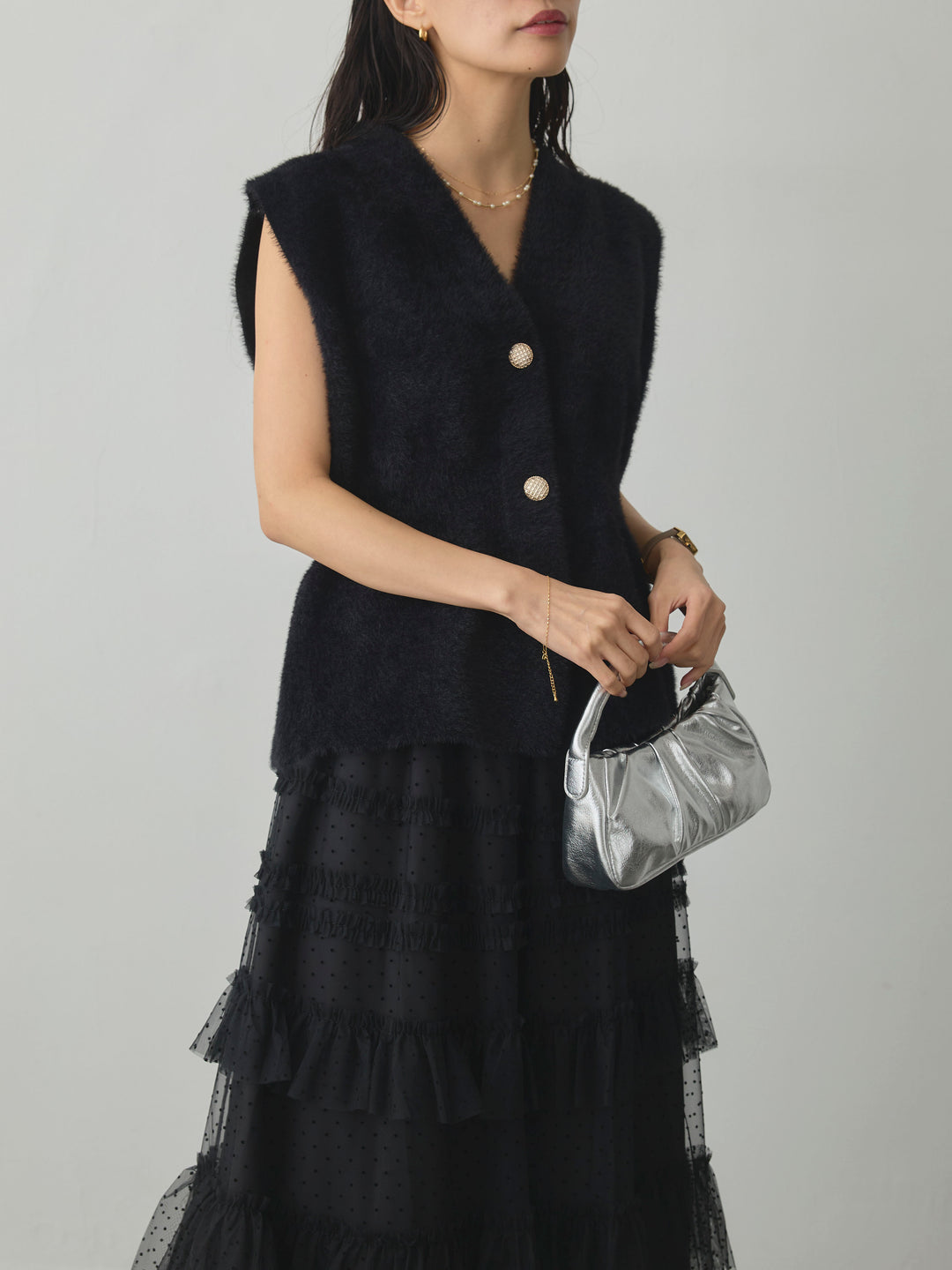 【SET】シャギーニットペプラムベスト+ドットチュールティアードスカート(2set)