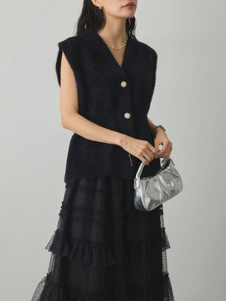 【SET】シャギーニットペプラムベスト+ドットチュールティアードスカート(2set)