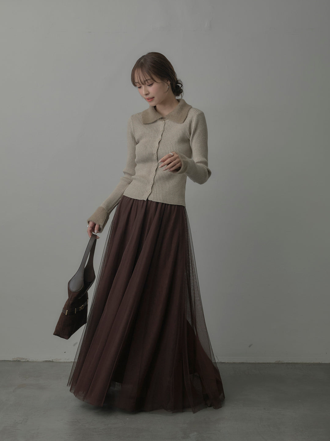 シャギー襟リブニットポロトップス