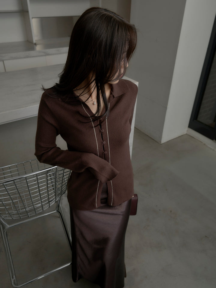 【SET】リブ配色ラインポロニットカーディガン+ナローAラインサテンスカート(2set)