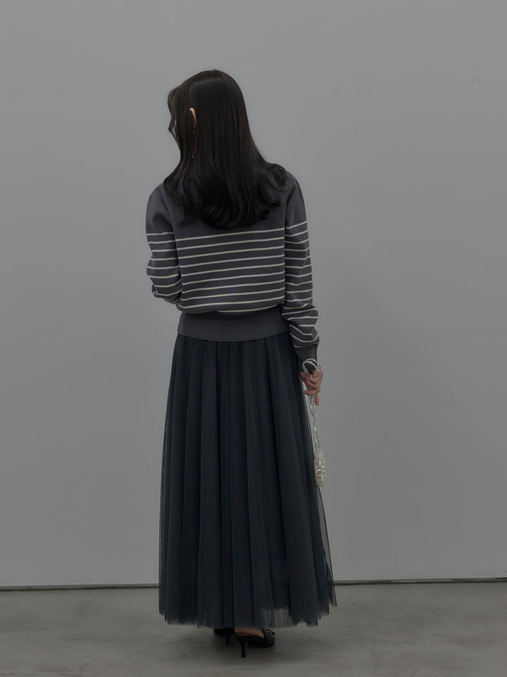 【SET】ダブルZIPハイネックボーダーニットトップス+ボリュームチュールスカート(2set)