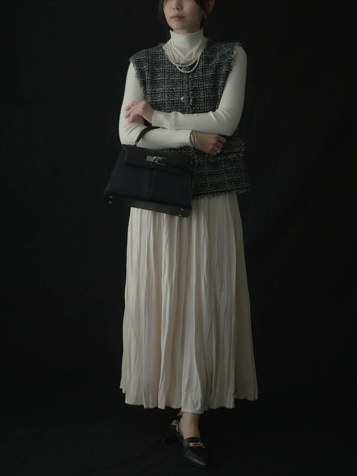 【SET】ツイードフリンジベスト+リブニットタートルネック+ベロアワッシャープリーツスカート(3set)