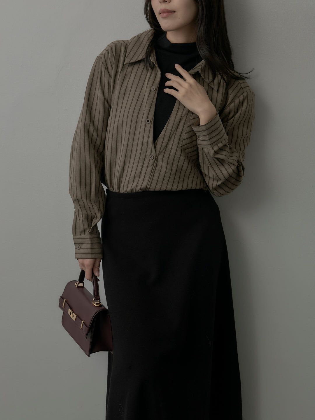 スエードタッチドッキングデザインストライプシャツ