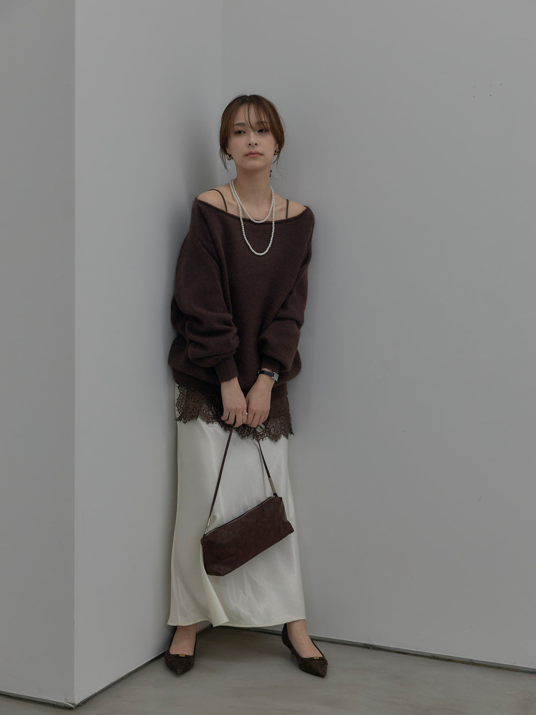 【SET】【premium touch】2wayショルダーニットプルオーバー+ナローAラインサテンスカート(2set)