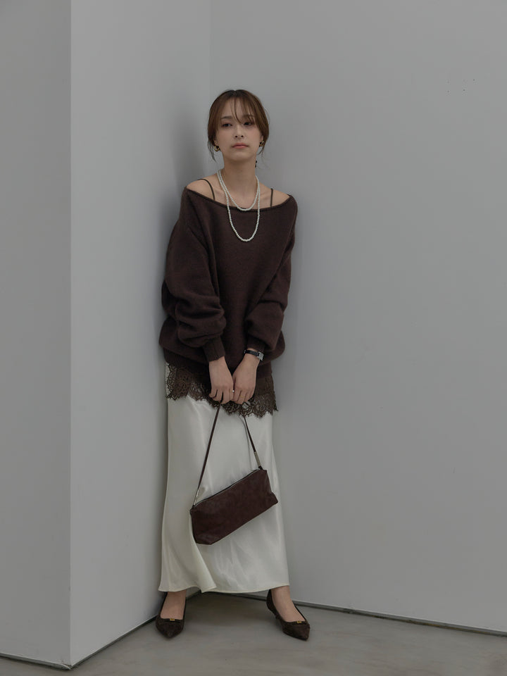 【SET】【premium touch】2wayショルダーニットプルオーバー+ナローAラインサテンスカート(2set)